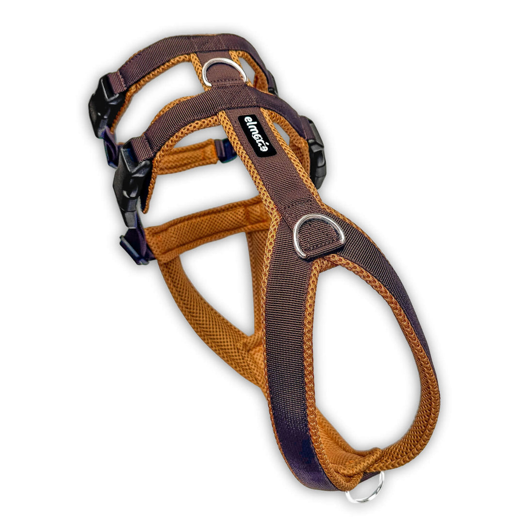 Ergonomisches Sicherheitsgeschirr für Windhunde in Braun-Karamell mit drei D-Ringen und rundum Polsterung