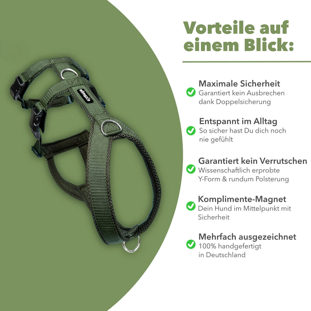 Sicherheitsgeschirr gepolstert für Windhunde wie Whippets, Galgos, Podencos und Greyhounds. Geschirr in khaki grün
Rechts stehen alle Benefits/Vorteile