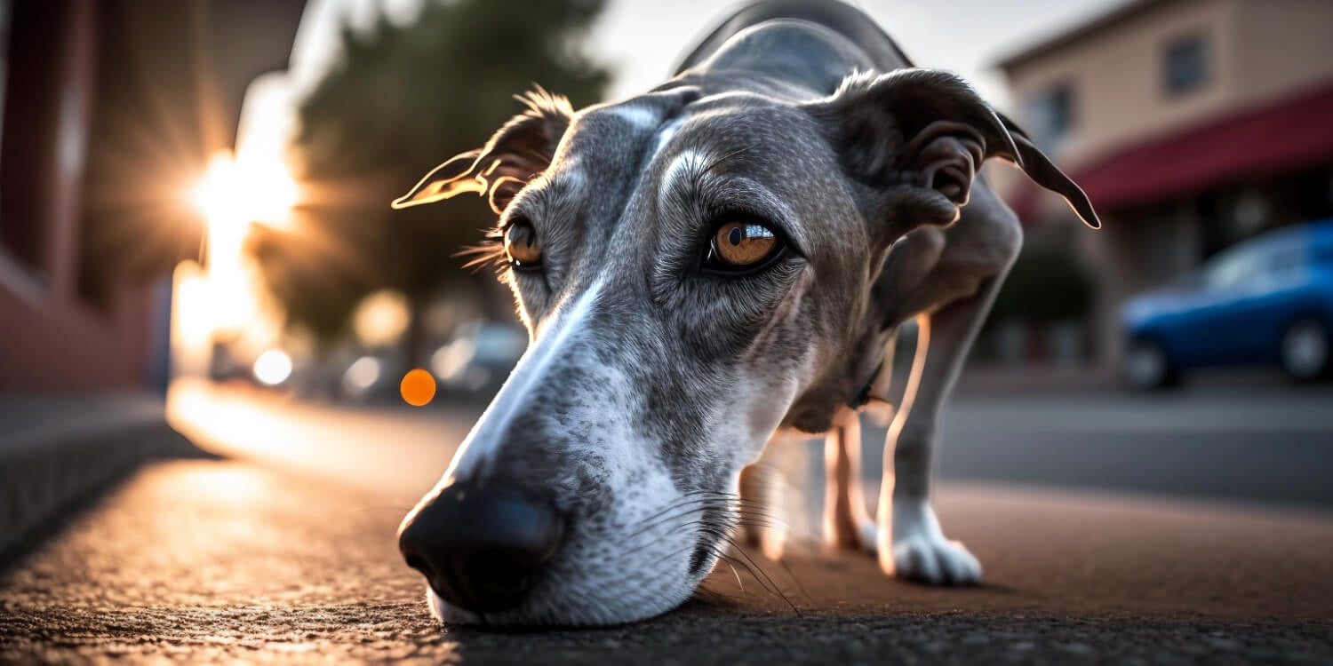 Windhund schnuppert auf der Straße. Sonnenuntergang reflektiert das Licht auf der Straße und lässt das Fell des Hundes erstrahlen.