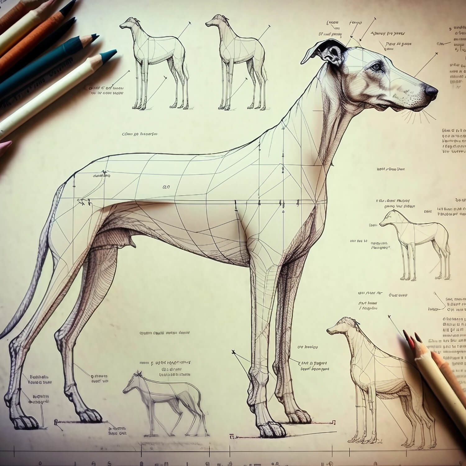 Konzept Zeichnung von einem Windhund. Stifte liegen in den Ecken in der Mitte die Zeichnung vom Windhund.