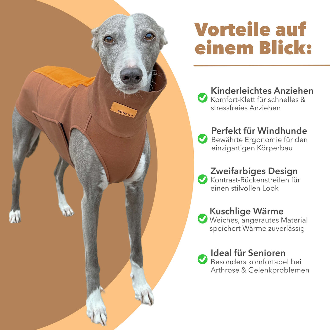 Grauer Whippet mit Windhundpullover Bellin in braun. Daneben alle Benefits aufgelistet.